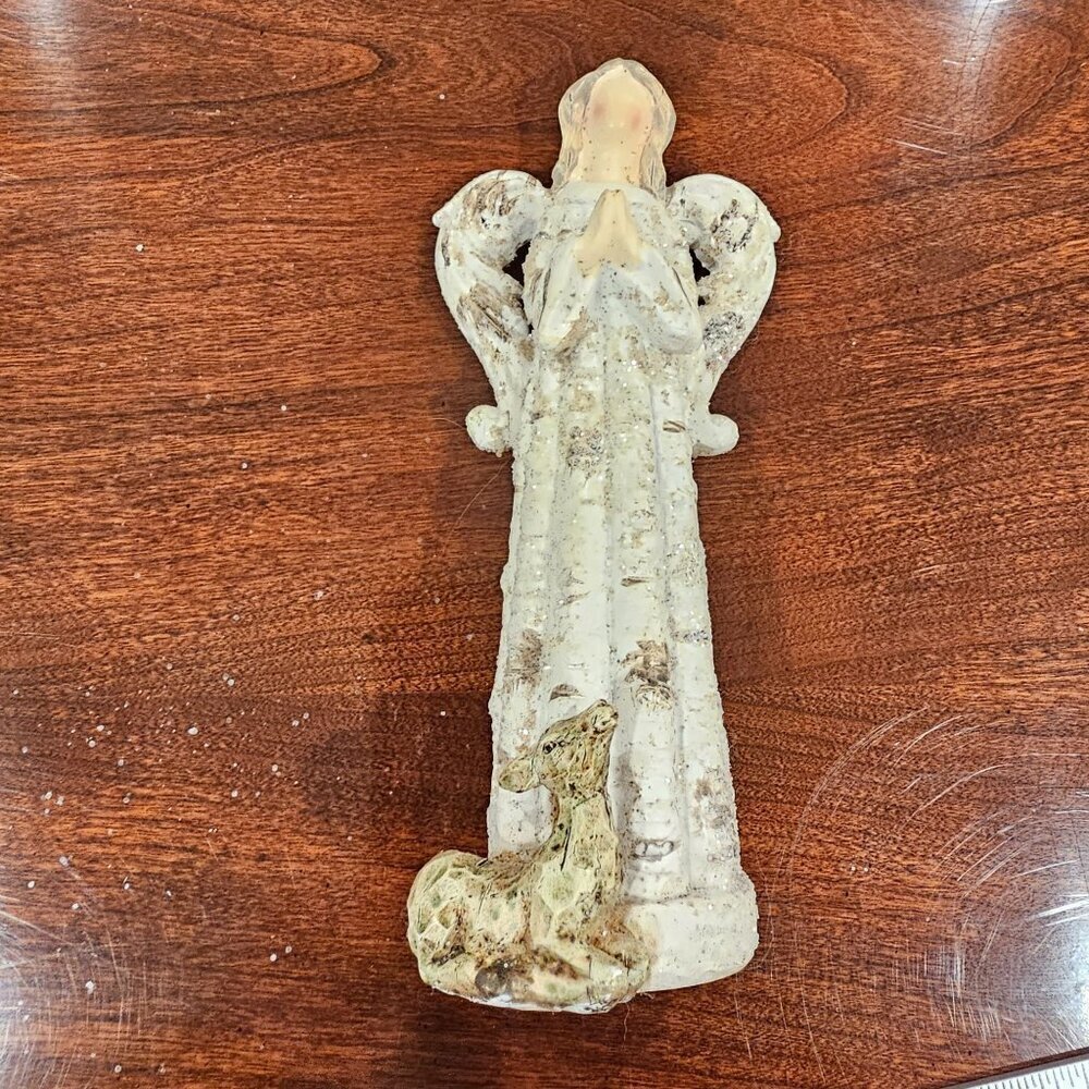 Vintage Transpac Resin Angel Figurine with Wooden Look and Deer at Base